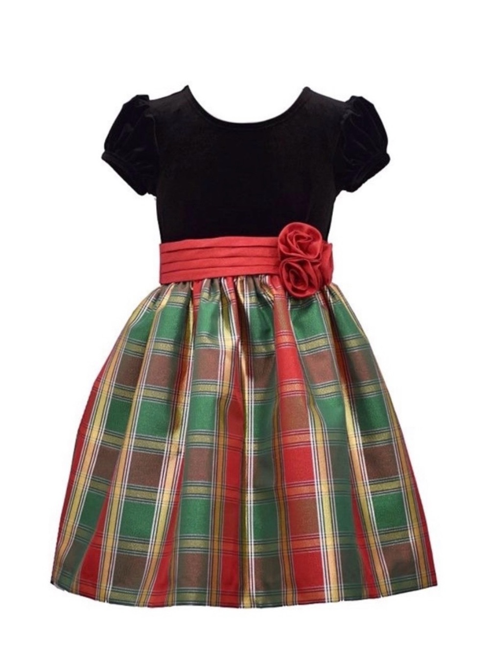 Lovely Bonnie Jean Girl’s Black Velvet Tartan Plaid Holiday Dress, Size 6, EUC